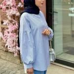 شومیز مانتویی زنانه و دخترانه راه راه مرواریدی در رنگ بندی و سایزبندی - تصویر 7