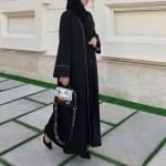 مانتو مجلسی بلند مزونی و عبا مغزی دوزی مشکی کتان لمه زنانه در رنگ بندی و سایزبندی